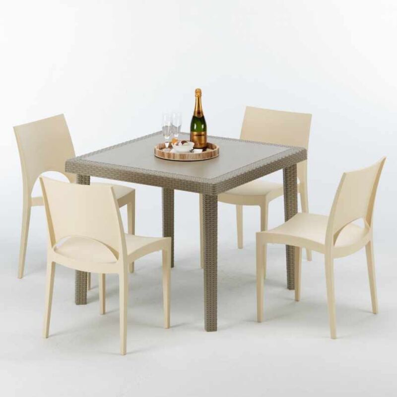 Table carrée beige + 4 chaises colorées Poly rotin synthétique Elegance