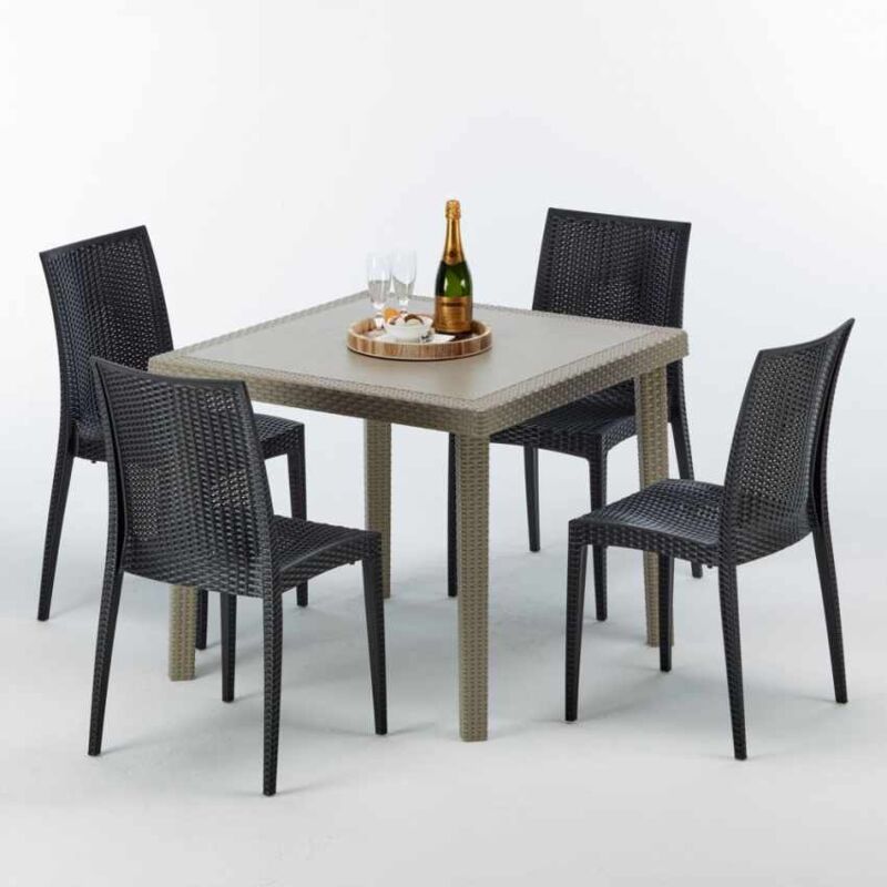 Table carrée beige + 4 chaises colorées Poly rotin synthétique Elegance