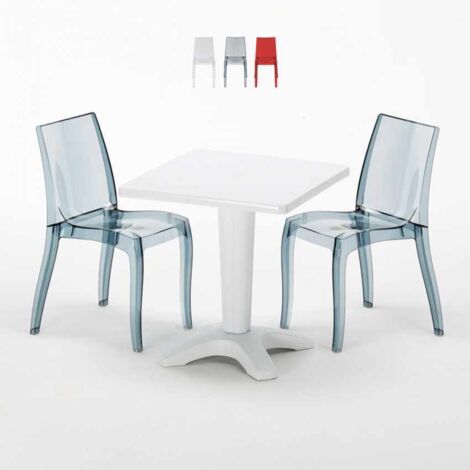 Table Carrée Blanche 70x70cm Avec 2 Chaises Colorées Grand Soleil Set Bar Café Cristal Light Terrace - Noir Anthracite Transparent