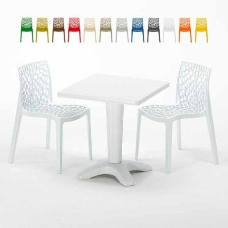 Table Carrée Blanche 70x70cm Avec 2 Chaises Colorées Grand Soleil Set Bar Café Gruvyer Patio - Blanc