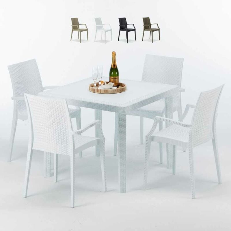 Table Carrée Blanche 90x90cm Avec 4 Chaises Colorées Grand Soleil Set Extérieur Bar Café arm Bistrot Love Couleur: Blanc