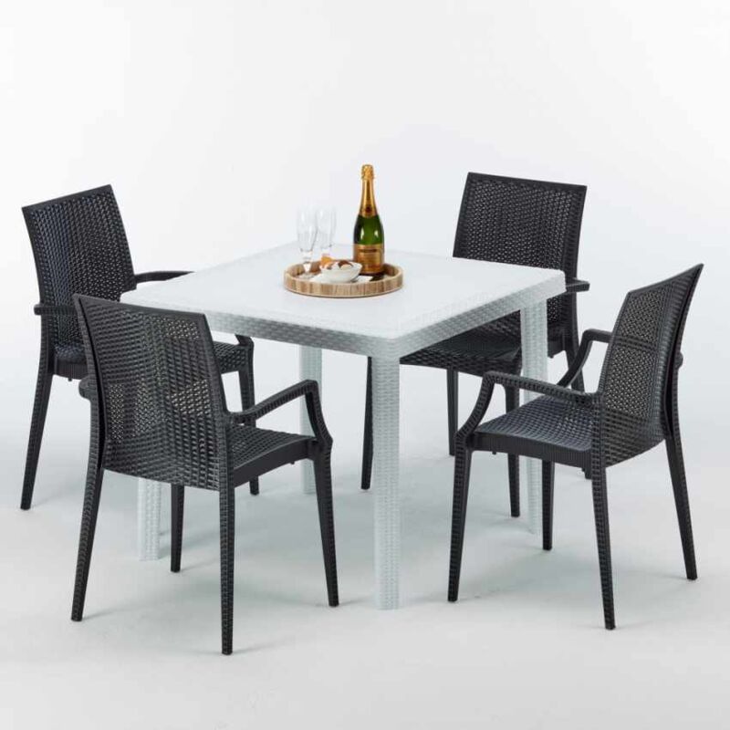 Table Carrée Blanche 90x90cm Avec 4 Chaises Colorées Grand Soleil Set Extérieur Bar Café ARM Bistrot Love - Noir