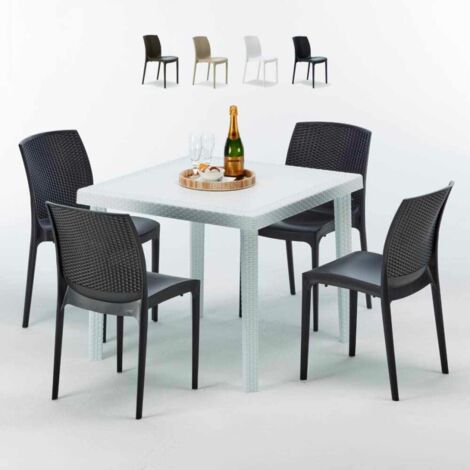 Table Carrée Blanche 90x90cm Avec 4 Chaises Colorées Grand Soleil Set Extérieur Bar Café Boheme Love - Noir