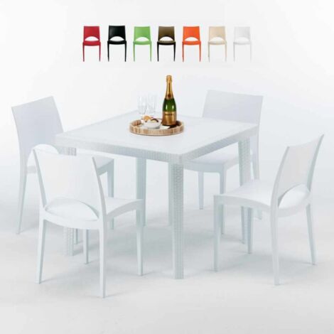 Table Carrée Blanche 90x90cm Avec 4 Chaises Colorées Grand Soleil Set Extérieur Bar Café Paris Love - Blanc