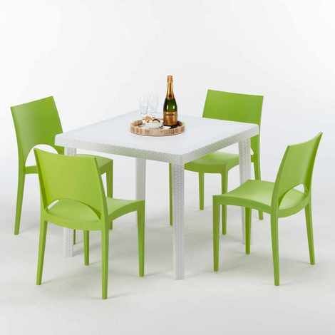 Table Carrée Blanche 90x90cm Avec 4 Chaises Colorées Grand Soleil Set Extérieur Bar Café Paris Love - Vert