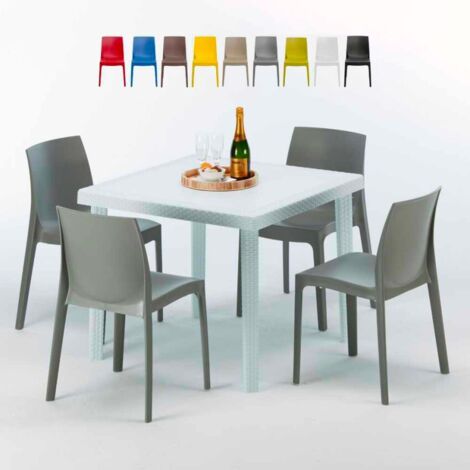 Table Carrée Blanche 90x90cm Avec 4 Chaises Colorées Grand Soleil Set Extérieur Bar Café Rome Love - Gris