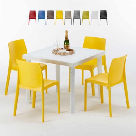 Table Carrée Blanche 90x90cm Avec 4 Chaises Colorées Grand Soleil Set Extérieur Bar Café Rome Love - Jaune