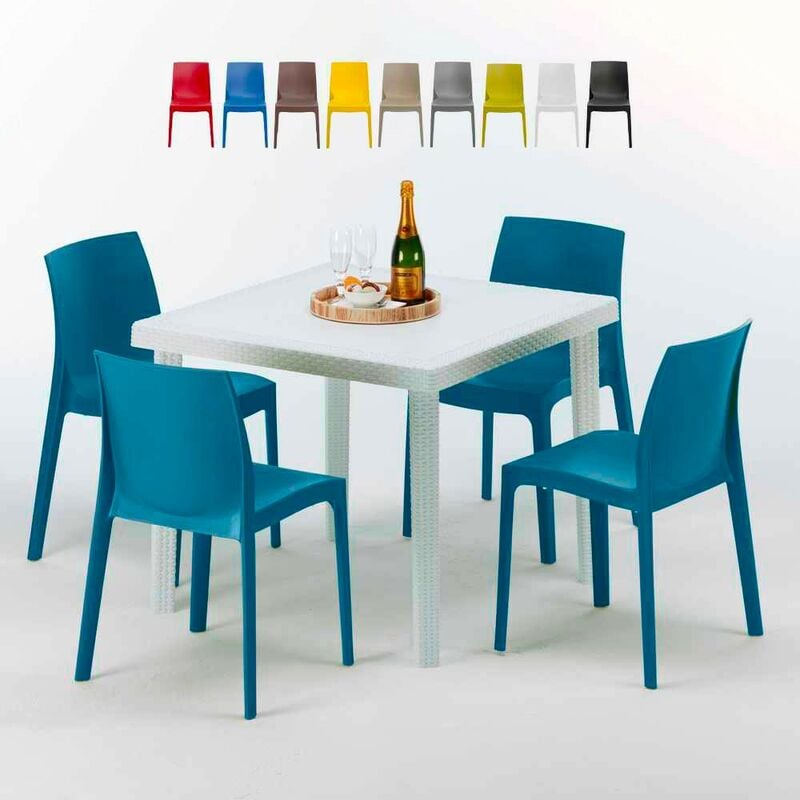 Table Carrée Blanche 90x90cm Avec 4 Chaises Colorées Grand Soleil Set Extérieur Bar Café Rome Love Couleur: Bleu
