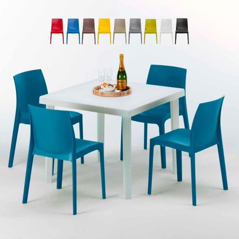 Table Carrée Blanche 90x90cm Avec 4 Chaises Colorées Grand Soleil Set Extérieur Bar Café Rome Love - Bleu
