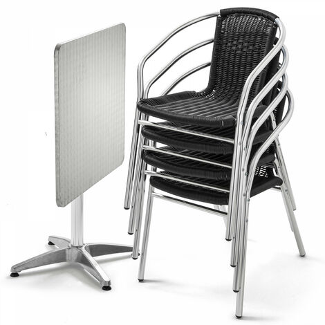 Table carrée en aluminium et 4 chaises noires