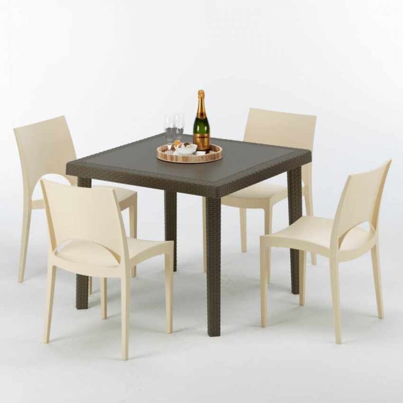 Table carrée et 4 chaises colorées Poly rotin résine 90x90 marron Table carrée et 4 chaises colorées Poly rotin résine 90x90 marron