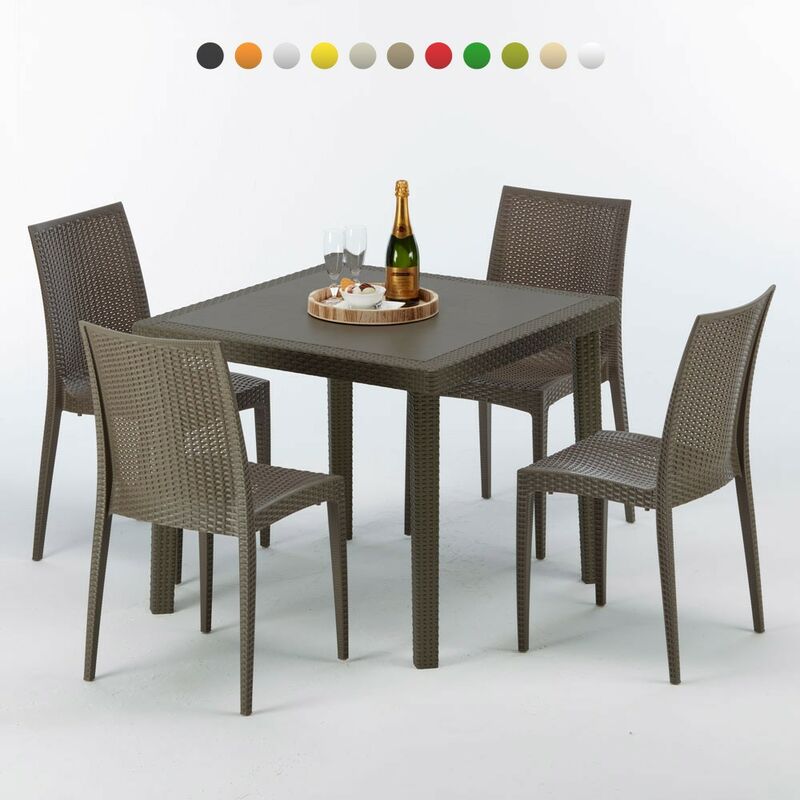 Table carrée et 4 chaises colorées Poly-rotin résine 90x90 marron Chaises Modèle: Bistrot Marron Moka