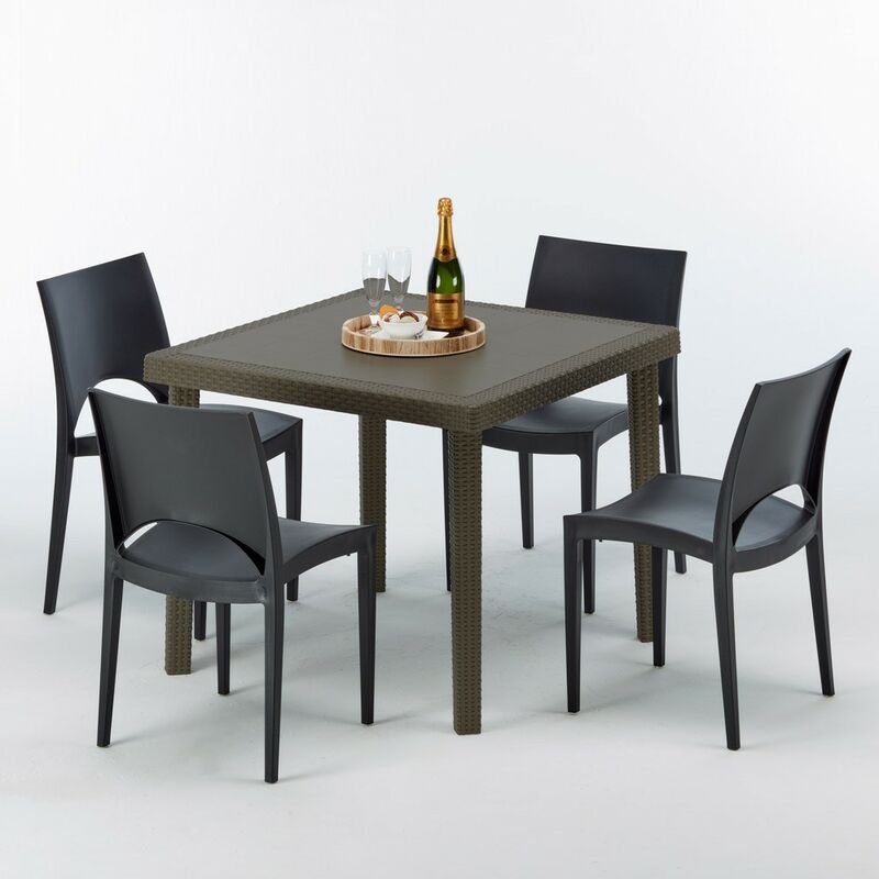 Table carrée et 4 chaises colorées Poly-rotin résine 90x90 marron Chaises Modèle: Paris Noir anthracite