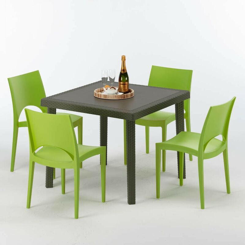 Table carrée et 4 chaises colorées Poly-rotin résine 90x90 marron Chaises Modèle: Paris Vert