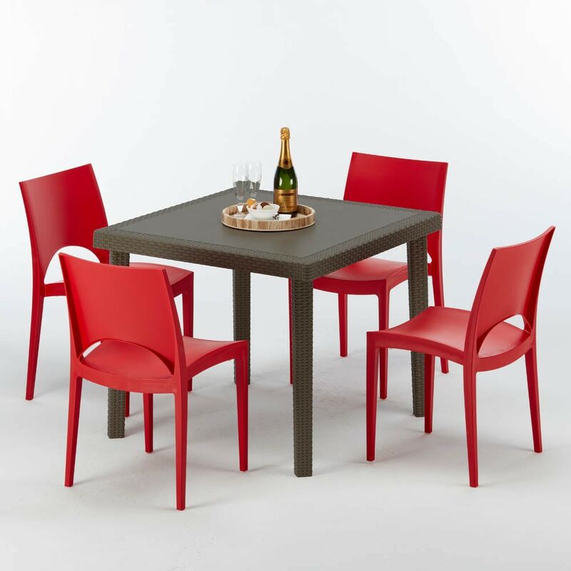Table carrée et 4 chaises colorées Poly-rotin résine 90x90 marron Chaises Modèle: Paris rouge