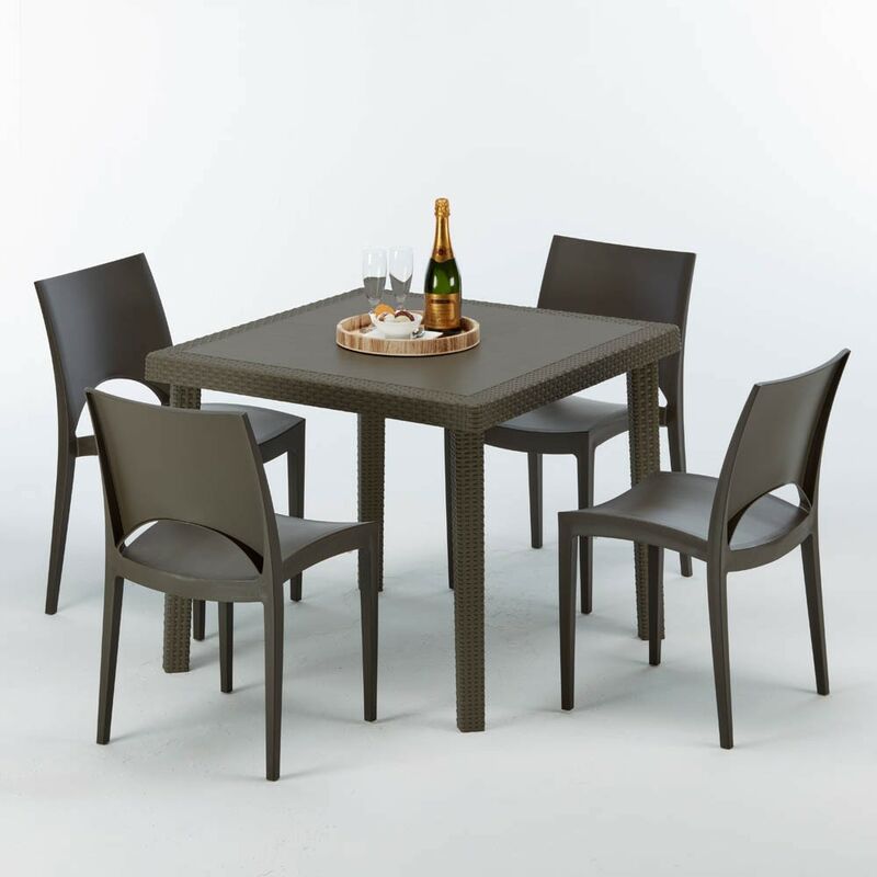 Table carrée et 4 chaises colorées Poly-rotin résine 90x90 marron Chaises Modèle: Paris Marron Moka