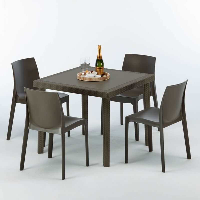 Table carrée et 4 chaises colorées Poly-rotin résine 90x90 marron Chaises Modèle: Rome Marron Moka