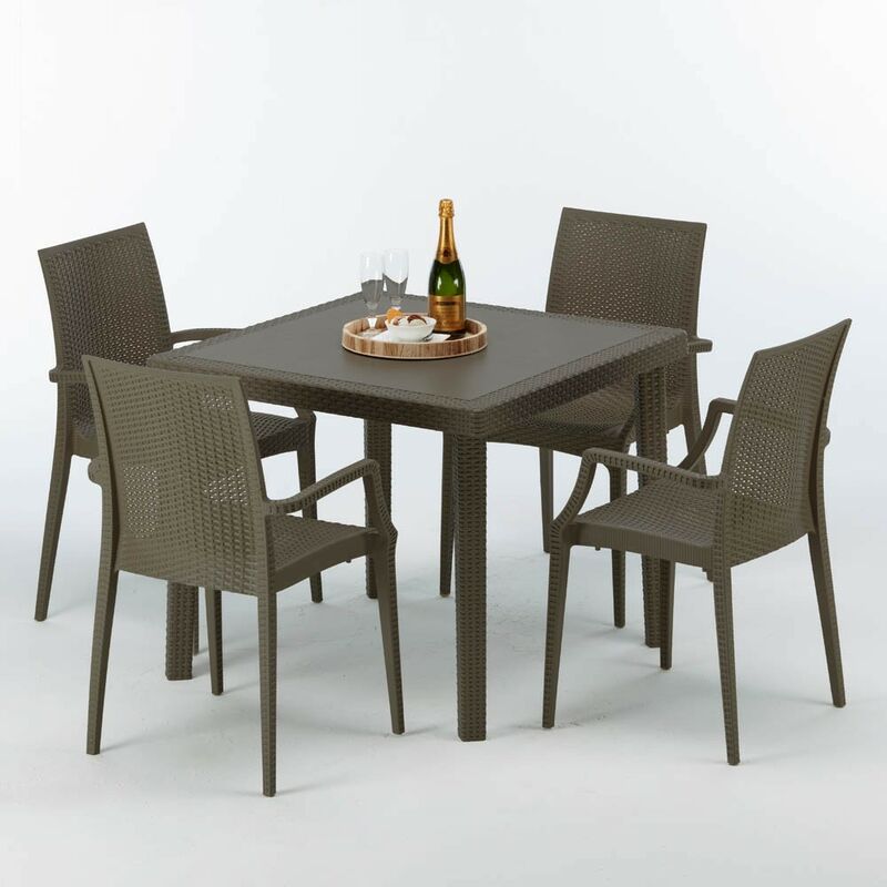 Table carrée et 4 chaises colorées Poly-rotin résine 90x90 marron Chaises Modèle: Bistrot Arm Marron Moka