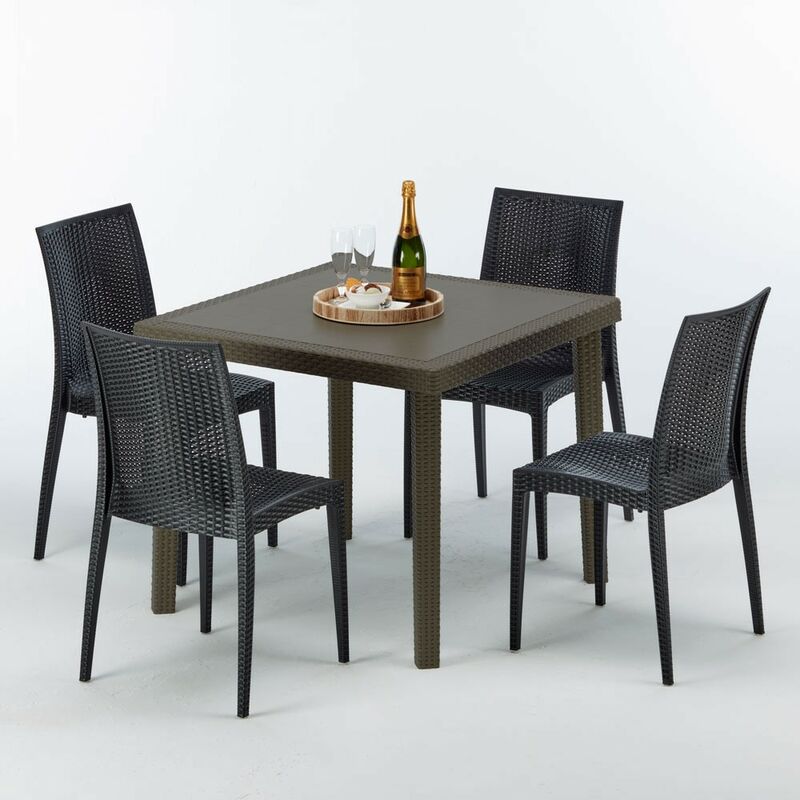 Table carrée et 4 chaises colorées Poly-rotin résine 90x90 marron Chaises Modèle: Bistrot Anthracite noir