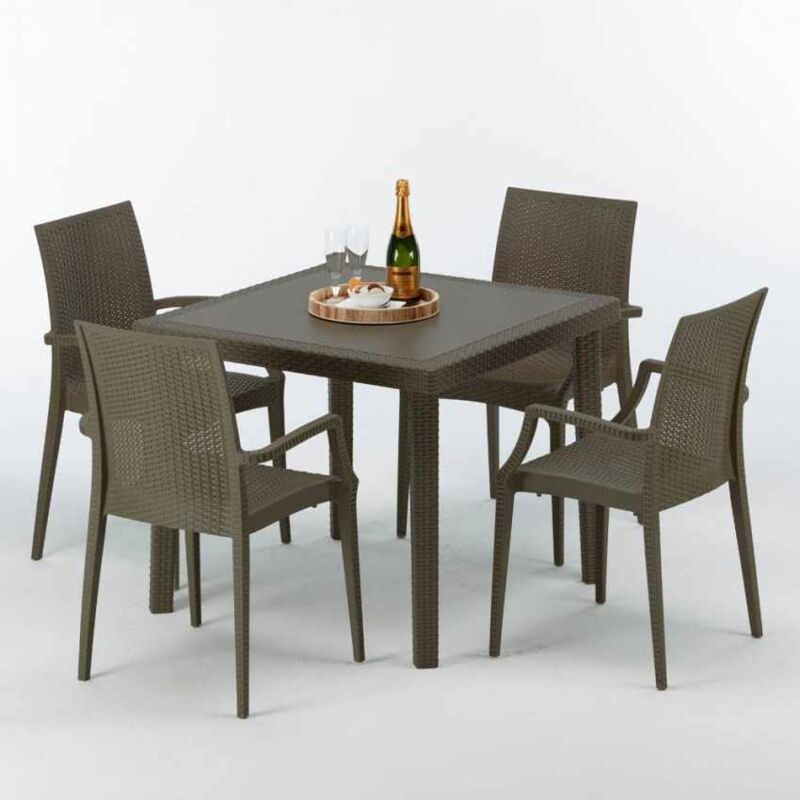 Table carrée et 4 chaises colorées Poly-rotin résine 90x90 marron