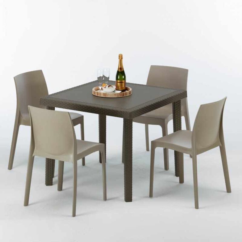 Table carrée et 4 chaises colorées Poly-rotin résine 90x90 marron