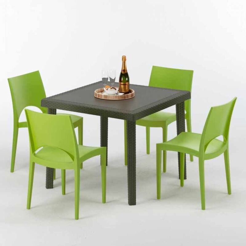 Table carrée et 4 chaises colorées Poly-rotin résine 90x90 marron