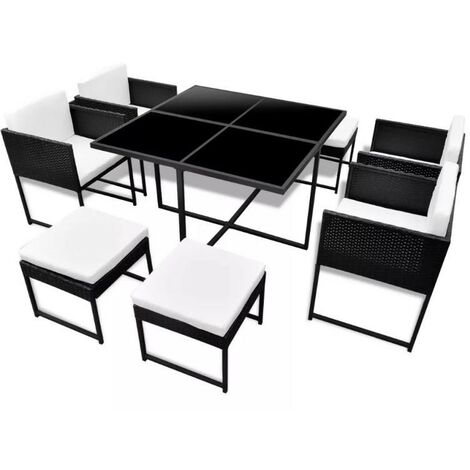 Table carrée et 4 chaises de jardin résine tressée noir coussins blanc Chaz