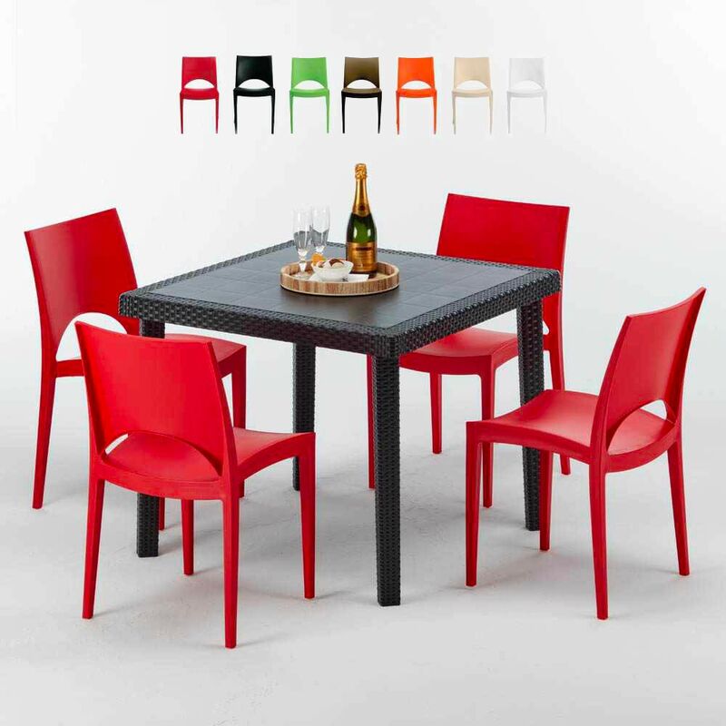 Table Carrée Noire 90x90cm Avec 4 Chaises Colorées Grand Soleil Set Extérieur Bar Café Paris Passion Couleur: Rouge