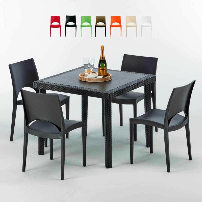 Table Carrée Noire 90x90cm Avec 4 Chaises Colorées Grand Soleil Set Extérieur Bar Café Paris Passion Couleur: Noir