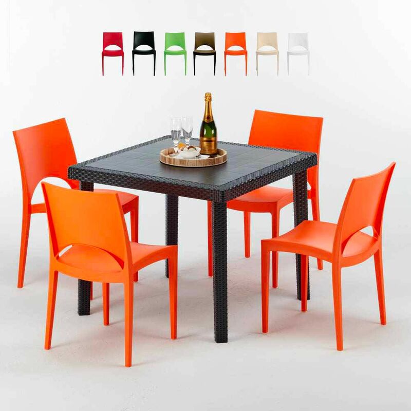 Table Carrée Noire 90x90cm Avec 4 Chaises Colorées Grand Soleil Set Extérieur Bar Café Paris Passion Couleur: Orange