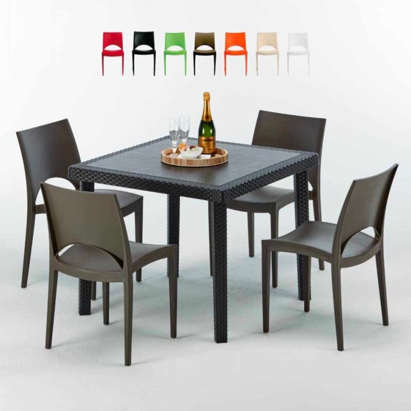 Table Carrée Noire 90x90cm Avec 4 Chaises Colorées Grand Soleil Set Extérieur Bar Café Paris Passion - Marron