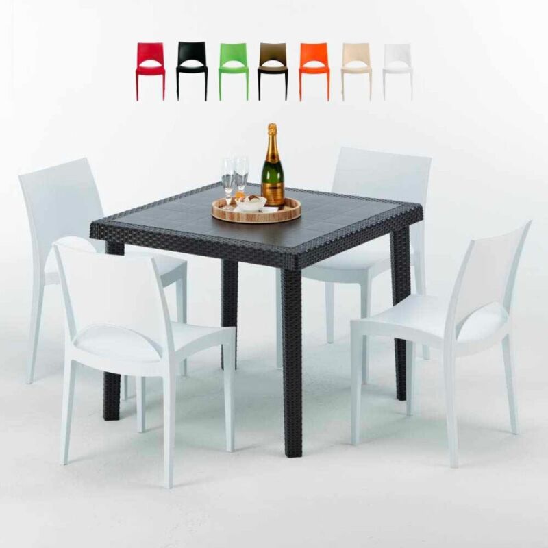Table Carrée Noire 90x90cm Avec 4 Chaises Colorées Grand Soleil Set Extérieur Bar Café Paris Passion - Blanc