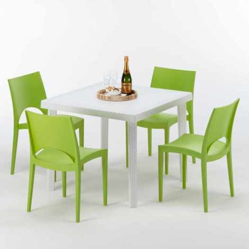 Table Carrée Blanche 90x90cm Avec 4 Chaises Colorées Grand Soleil Set Extérieur Bar Café Paris Love - Vert