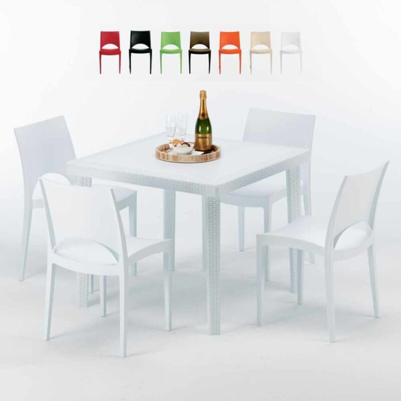 Table Carrée Blanche 90x90cm Avec 4 Chaises Colorées Grand Soleil Set Extérieur Bar Café Paris Love - Blanc