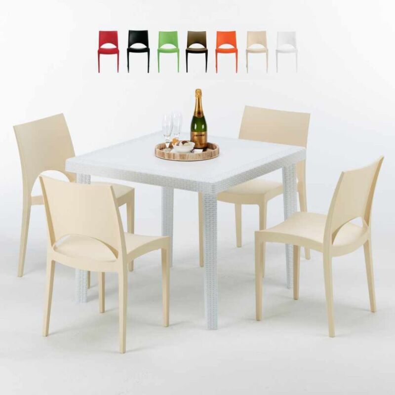 Table Carrée Blanche 90x90cm Avec 4 Chaises Colorées Grand Soleil Set Extérieur Bar Café Paris Love - Beige