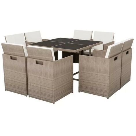 Table carrée et 8 chaises de jardin résine tressée beige Iris