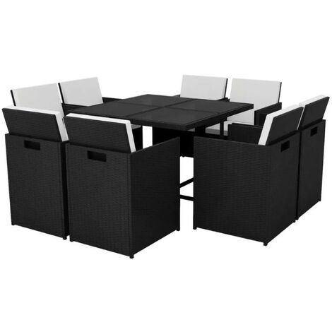 Table carrée et 8 chaises de jardin résine tressée noir plateau en verre Iris