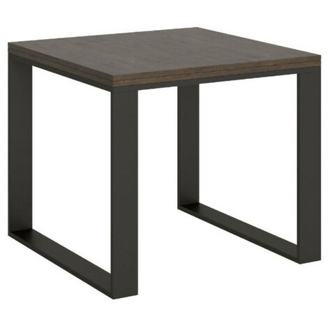 Table carrée extensible 4 à 6 places L 90 à 180 cm bois foncé avec cadre et pieds métal anthracite Likro