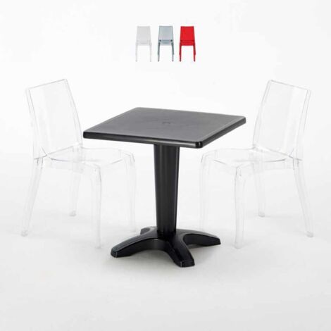 Table Carrée Noire 70x70cm Avec 2 Chaises Colorées Grand Soleil Set Bar Café Cristal Light Balcony - Transparent
