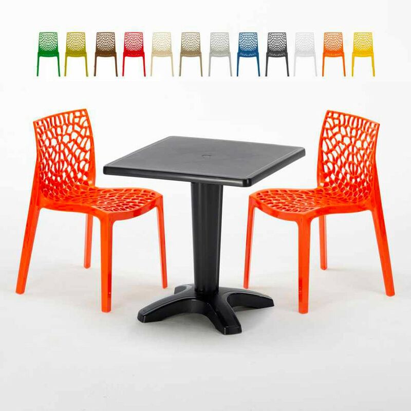 Table Carrée Noire 70x70cm Avec 2 Chaises Colorées Grand Soleil Set Bar Café Gruvyer Aia Couleur: Orange