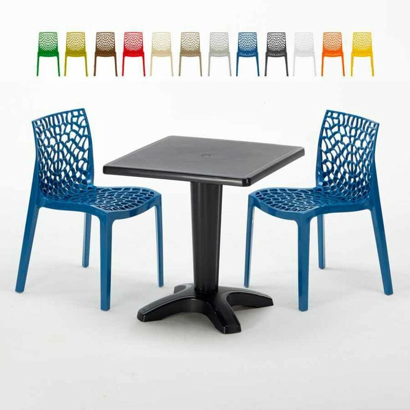 Table Carrée Noire 70x70cm Avec 2 Chaises Colorées Grand Soleil Set Bar Café Gruvyer Aia Couleur: Bleu