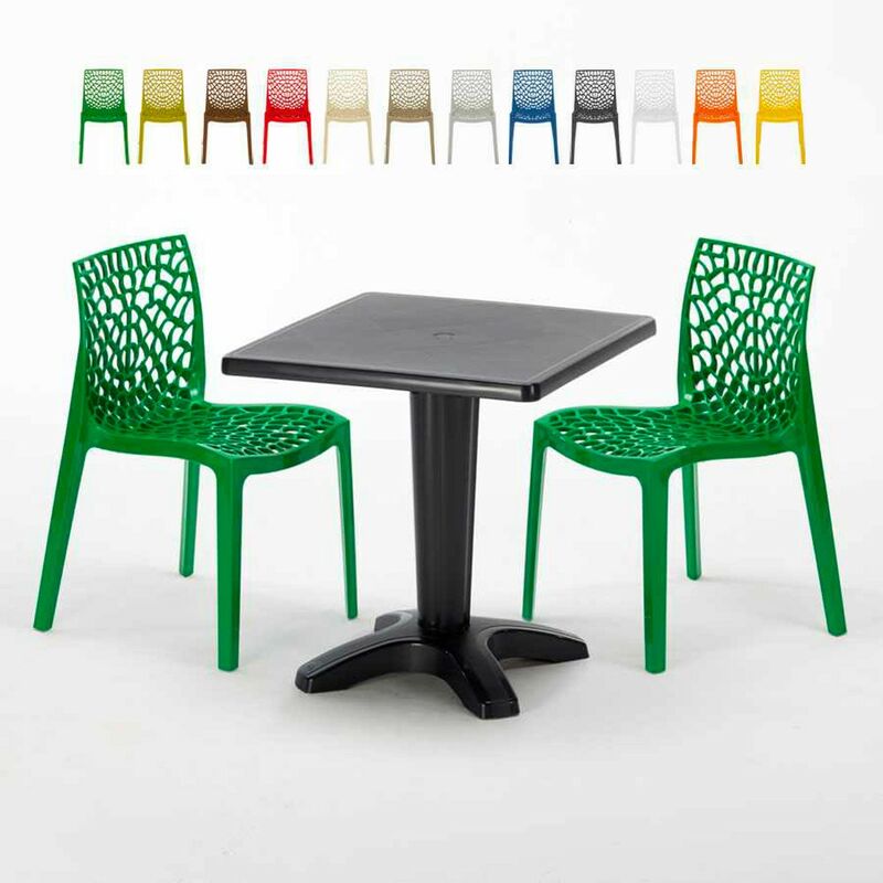 Table Carrée Noire 70x70cm Avec 2 Chaises Colorées Grand Soleil Set Bar Café Gruvyer Aia Couleur: Vert