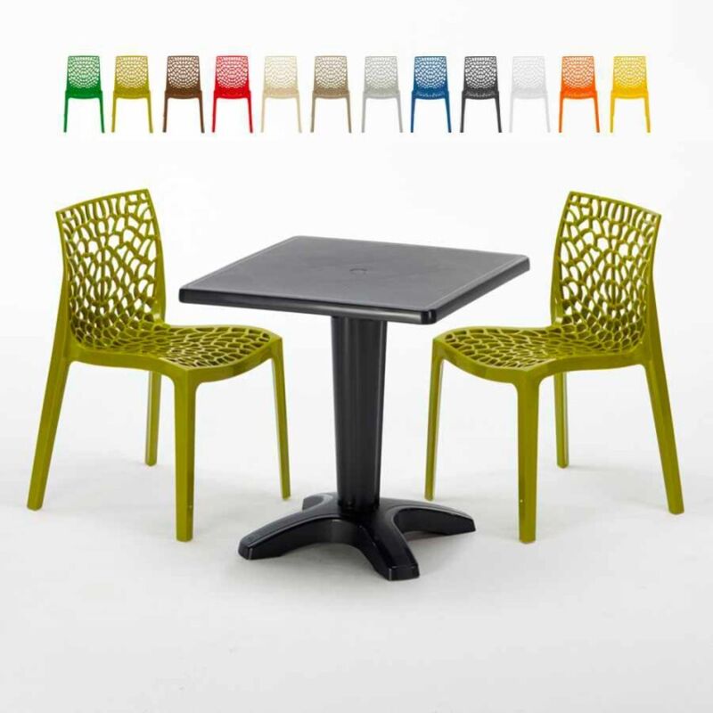 Table Carrée Noire 70x70cm Avec 2 Chaises Colorées Grand Soleil Set Bar Café Gruvyer Aia - Anis vert