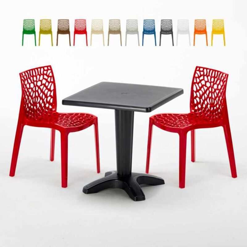 Table Carrée Noire 70x70cm Avec 2 Chaises Colorées Grand Soleil Set Bar Café Gruvyer Aia - Rouge