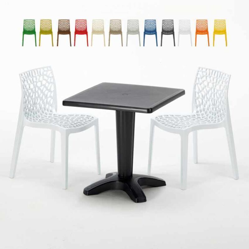 Table Carrée Noire 70x70cm Avec 2 Chaises Colorées Grand Soleil Set Bar Café Gruvyer Aia - Blanc
