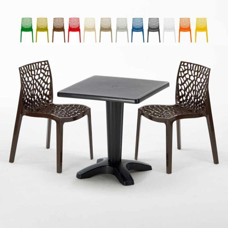 GRAND SOLEIL Table Carr&eacute;e Noire 70x70cm Avec 2 Chaises Color&eacute;es Set Bar Caf&eacute; Gruvyer Aia, Couleur: Marron