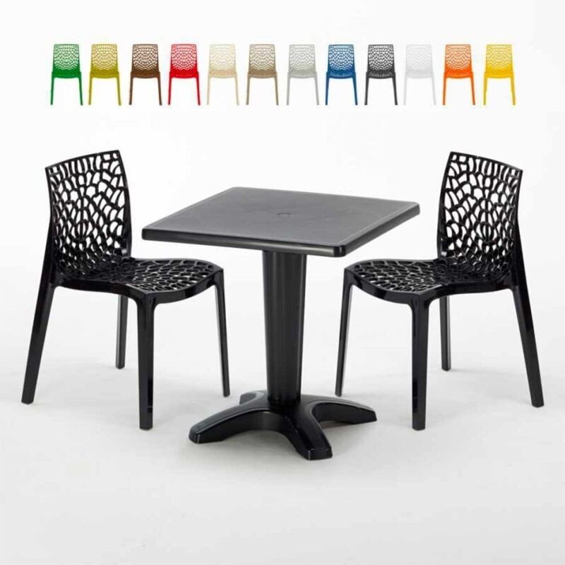 Grand Soleil – Ensemble table carrée noire 70x70cm avec 2 chaises empilables en polypropylène – Matériau Greenpol anti-UV – Certifié usage public