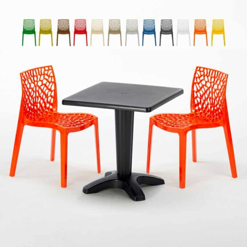 Table Carrée Noire 70x70cm Avec 2 Chaises Colorées Grand Soleil Set Bar Café Gruvyer Aia - Orange