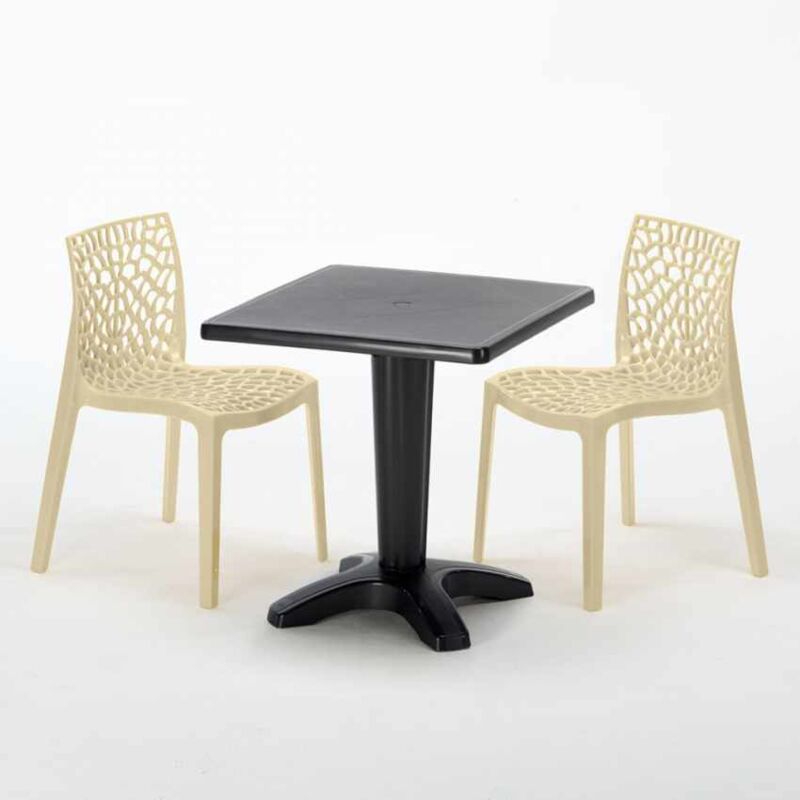 Table Carrée Noire 70x70cm Avec 2 Chaises Colorées Grand Soleil Set Bar Café Gruvyer Aia - Beige