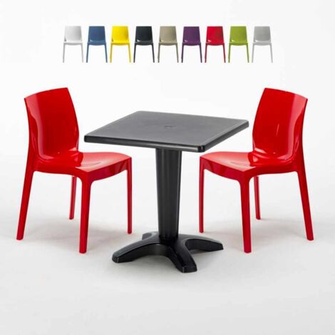 Table Carrée Noire 70x70cm Avec 2 Chaises Colorées Grand Soleil Set Bar Café Ice Aia - Rouge